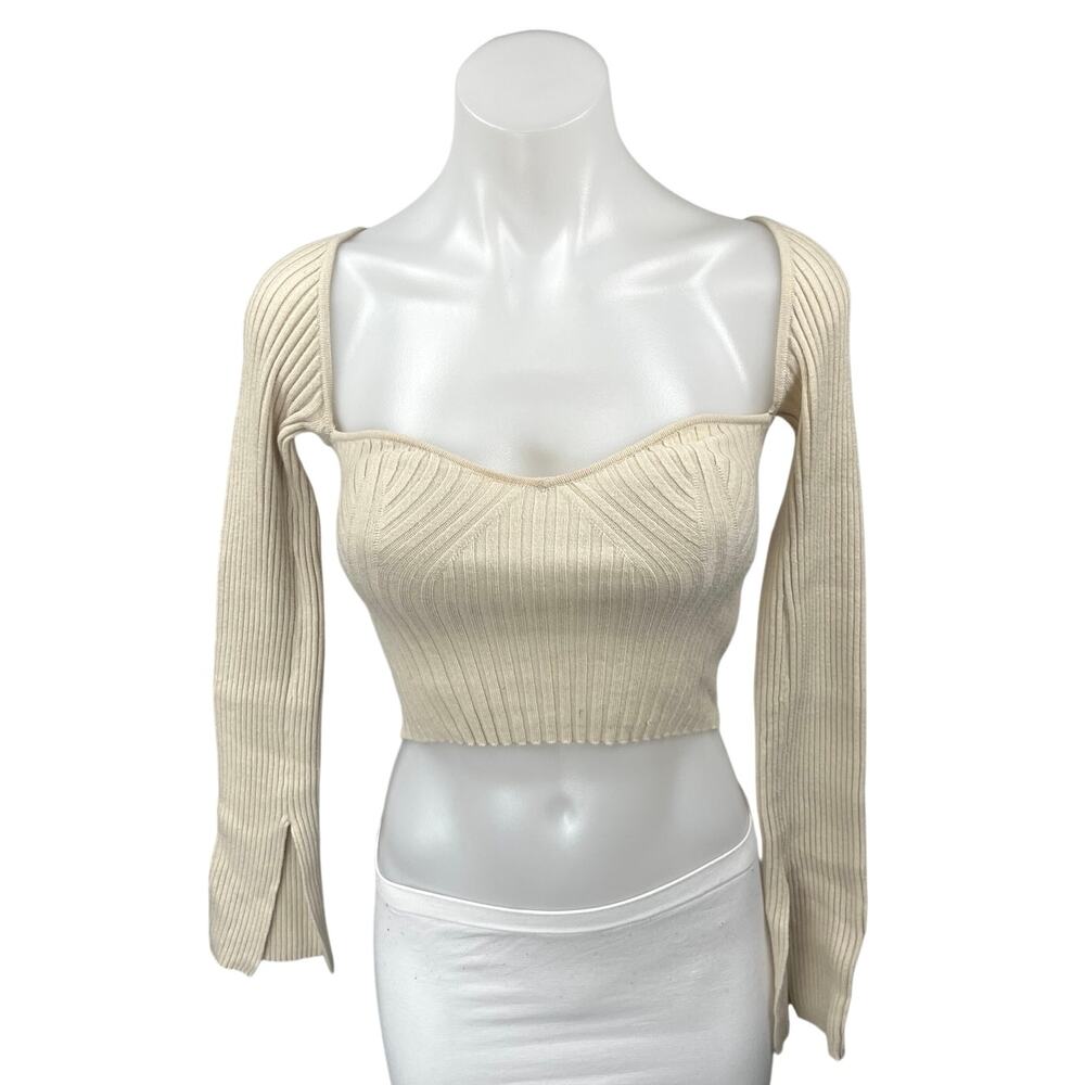 Urban Outfitters Beige Ribbed Knit Long Sleeve Slit Sweetheart Crop Top Size XS